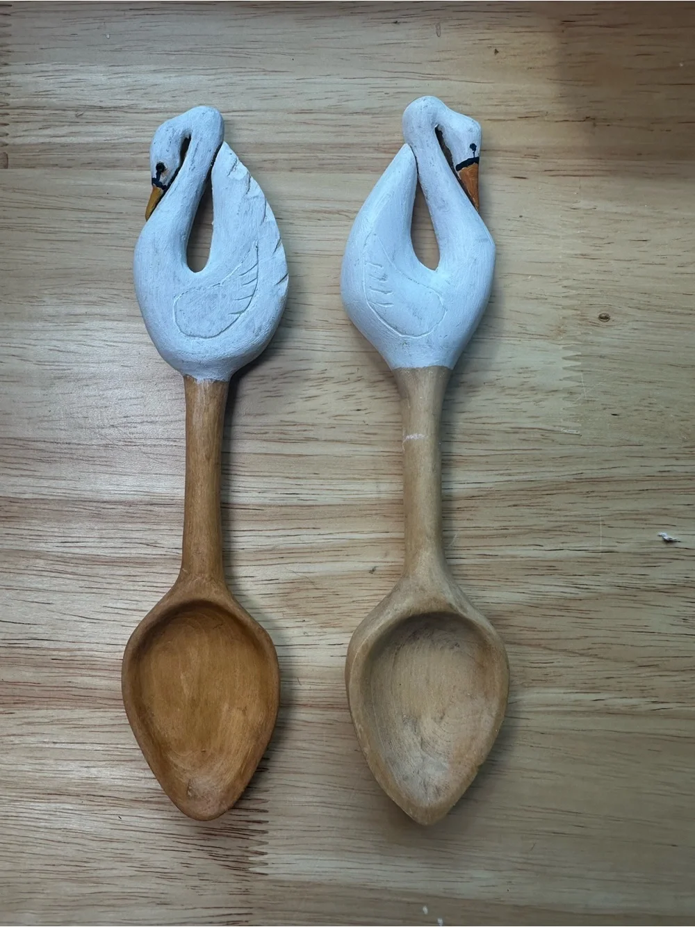 2 Hand Crafted White Swan Wooden Spoons wall decor- Pair